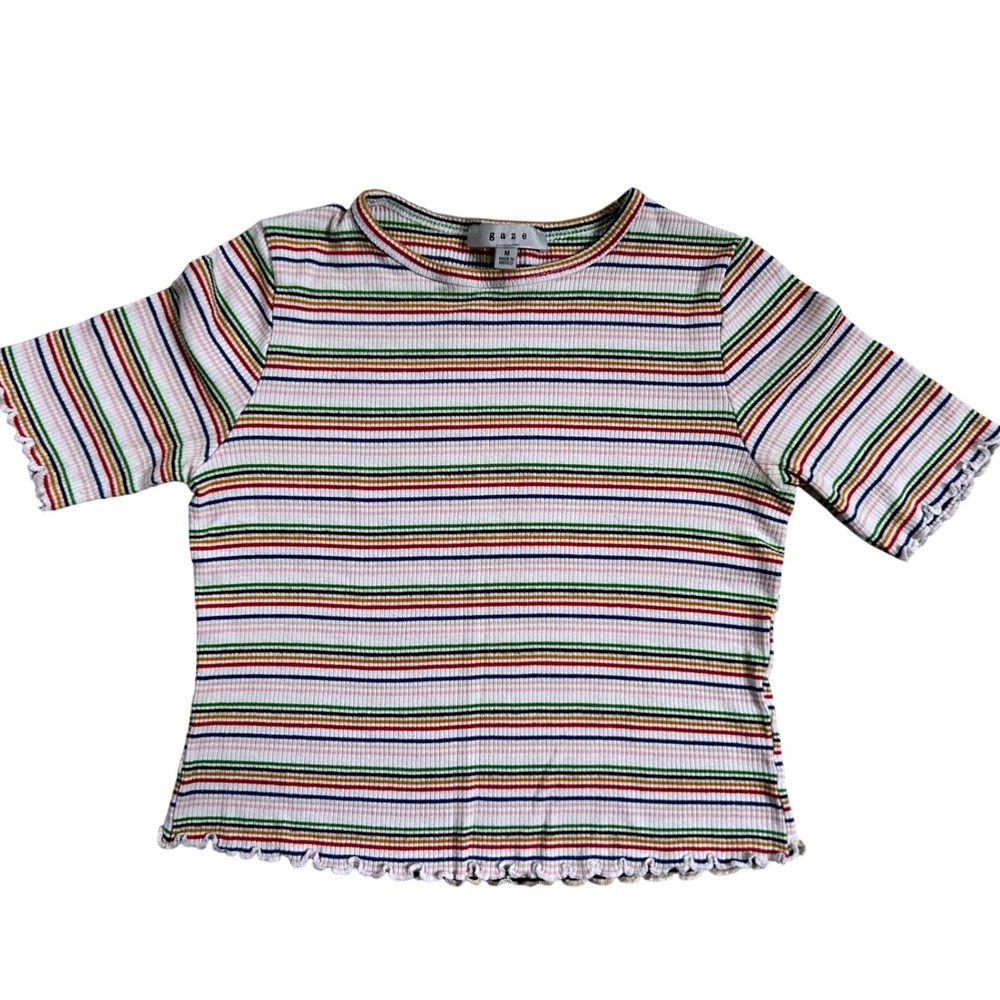 Gaze Striped Top Size M Ribbed Knit Regular White Retro Lettuce Edge